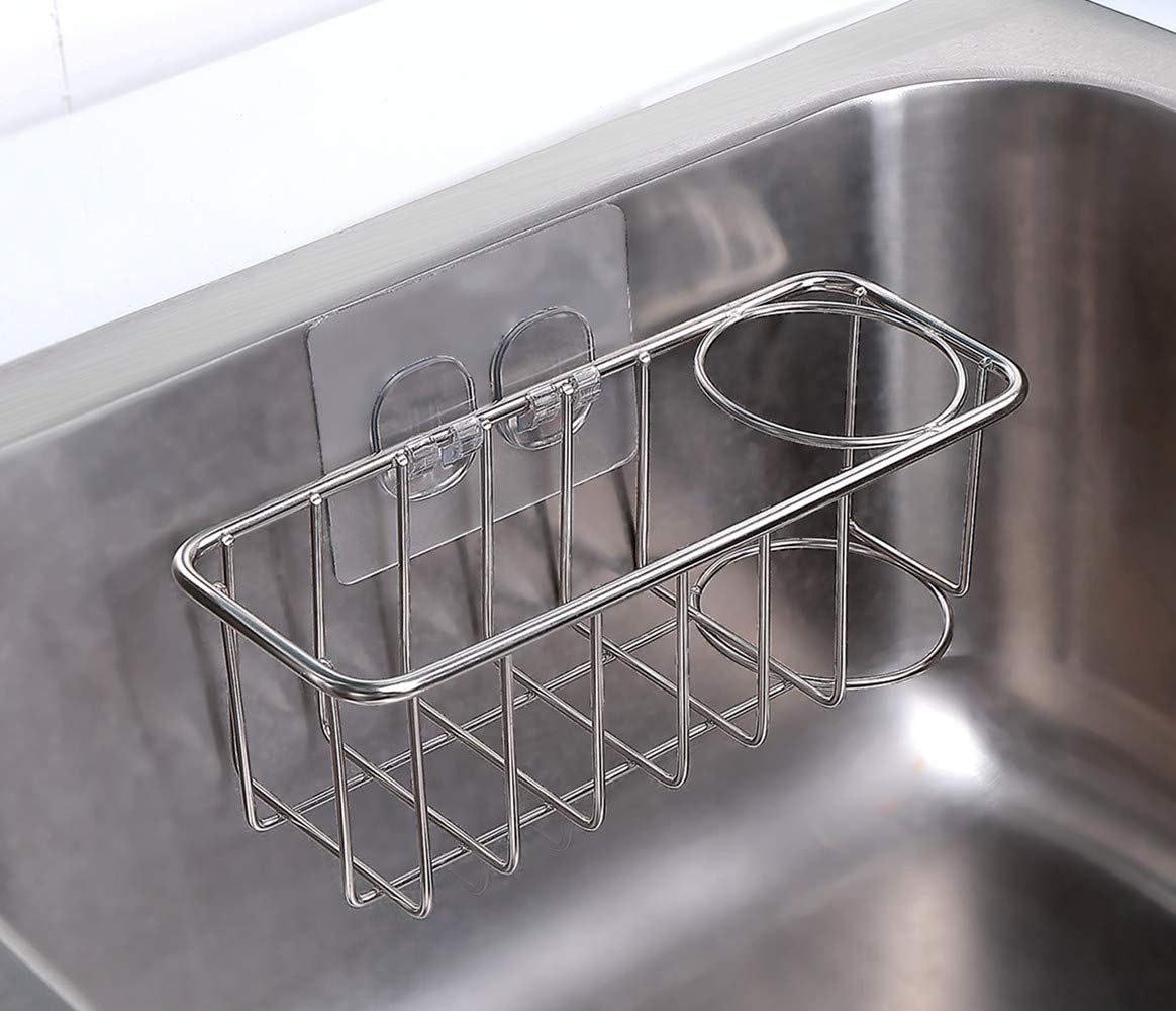 KESOL Adhesive Sponge Holder + Brush Holder, 2-in-1 Sink Caddy, SUS304 Stainless Steel Rust Proof Water Proof, No Drilling -