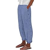BIVENANT Cropped Linen Pants for Women Casual Straight Leg Elastic Waist Pants Stripe Print Beach Summer Pants with Pockets