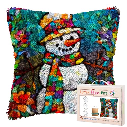 Stained Glass Christmas Snowman DIY Latch Hook Pillow Kits for Adults Printed Pillowcase Crochet Yarns Hooking Handmade Pillow Cover Cushion for Home Sofa Decoration 17x17inch