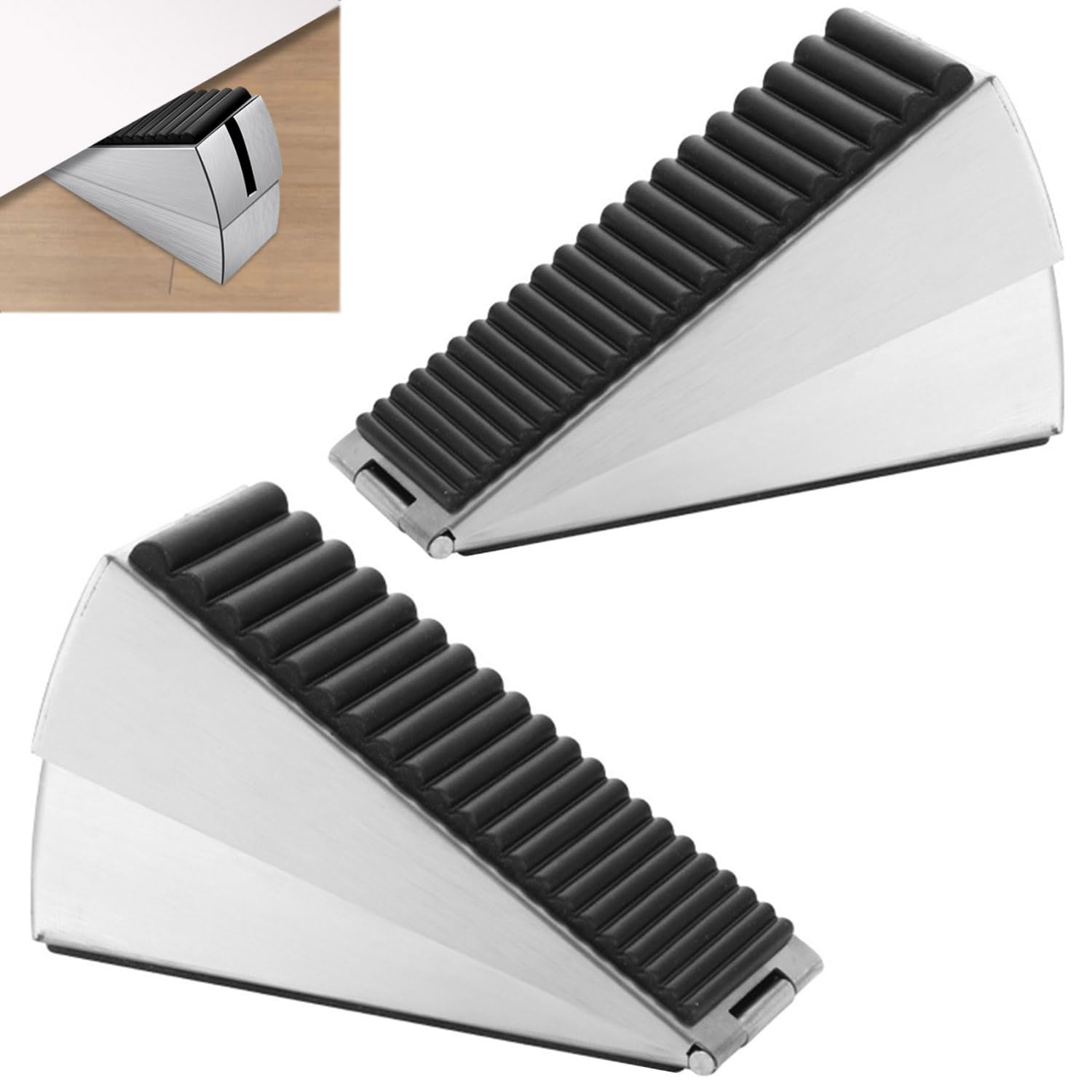 2-Pack Heavy Duty Door Stopper, Adjustable Tall Door Stop Wedge, Stainless Steel Rubber Door Stoppers for Floor and Bottom of Door, Keeps Door Open Indoors Outdoors, Non-Slip Rubber Door Stop (Silver)
