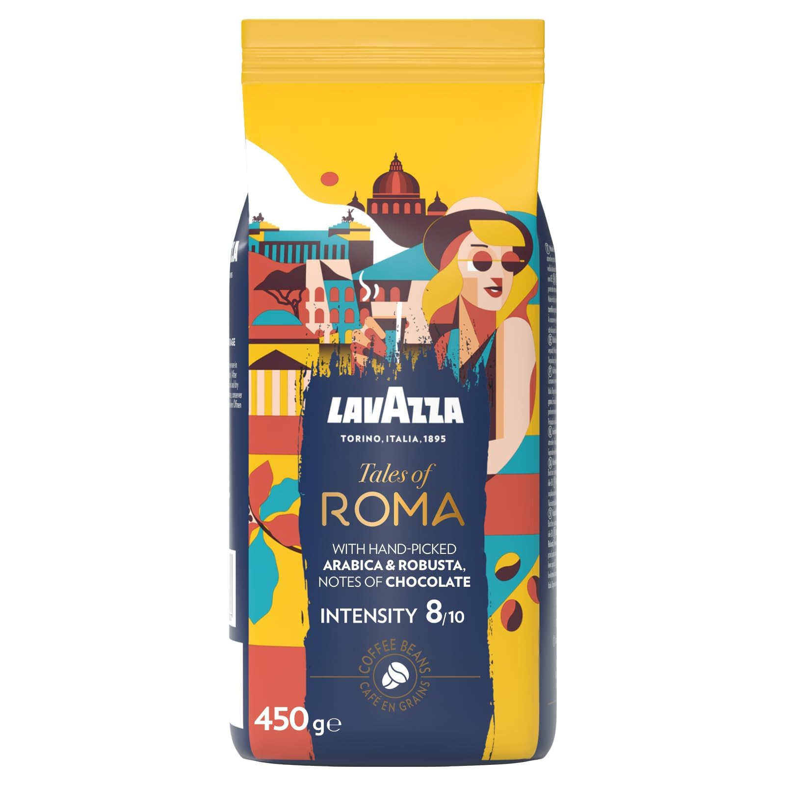 Lavazza, Tales of Napoli, Kaffeebohnen, Ideal für Espresso-Kaffeemaschinen, mit Aroma Noten von Kakao und Karamell, Arabica und Robusta, Intensität 9/10, Dunkel Röstgrad, 450 g