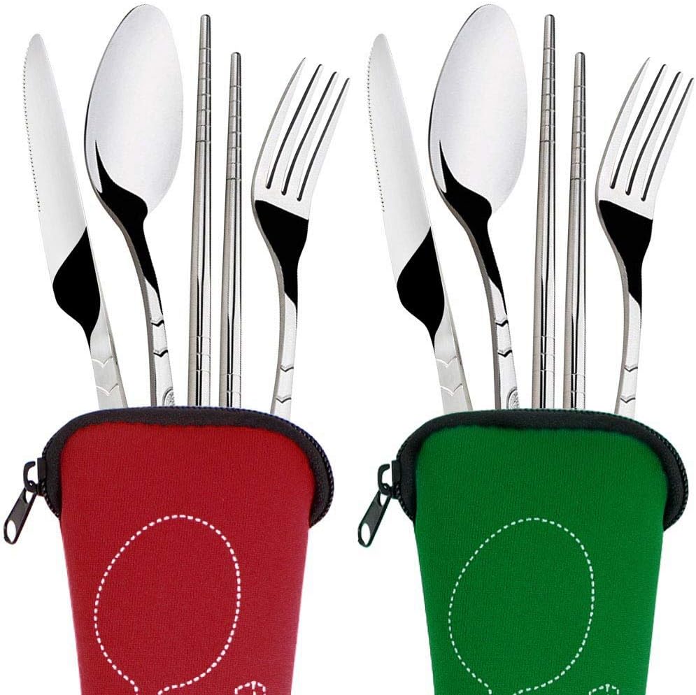 YOURSEE 8 Pieces Cutlery Set, Flatware Sets Knife, Fork, Spoon, Chopsticks, 2 Pack Rustproof Stainless Steel Tableware Dinnerware with Carrying Case for Traveling Camping Picnic Working Hiking