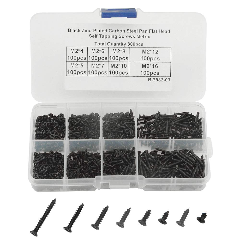 WMYCONGCONG 800 PCS M2 Flat Head Self Tapping Screws, Cross Drive Head Self Tapping Woodworking Fastener Screws, Self Drilling Screws Assortment Kit