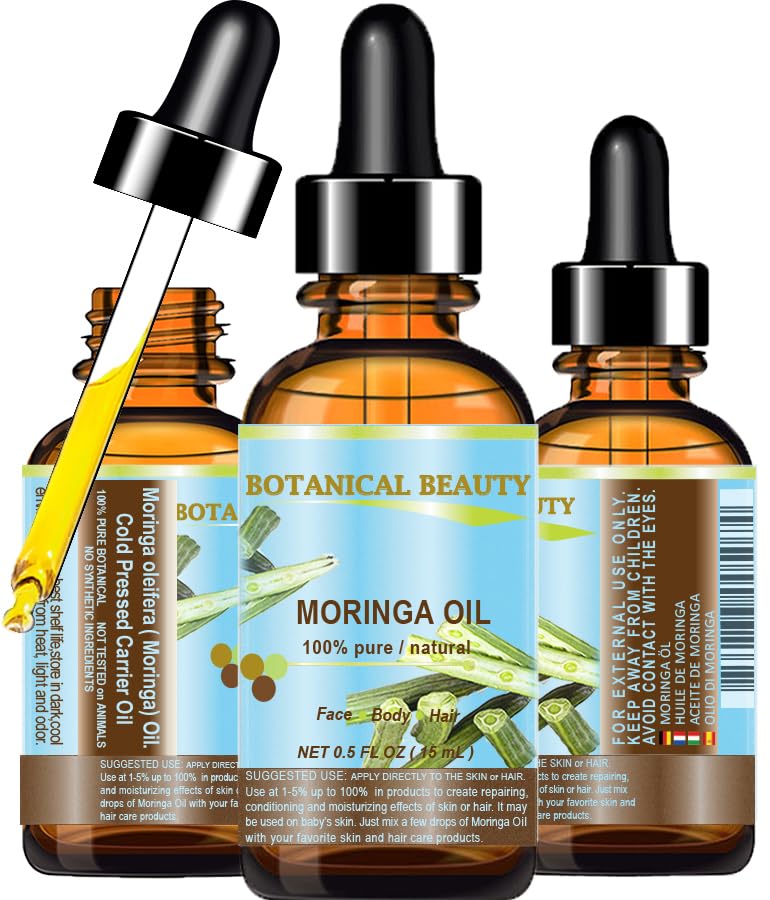 MORINGA OIL . 100% Pure / Natural / Undiluted Cold Pressed Carrier Oil. 0.5 Fl.oz.- 15 ml. For Skin, Hair, Lip and Nail Care. "Moringa Oil is a nutrient dense, high in palmitoleic, oleic and linoleic acids, moisturizing fatty acids and vitamins A, C and E."