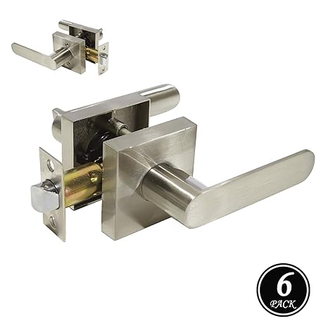 Brushed Nickel Passage Interior Door Levers Heavy Duty Square Rosette With Flat Door Handle Used For Hallway Or Closet Contemporary Design