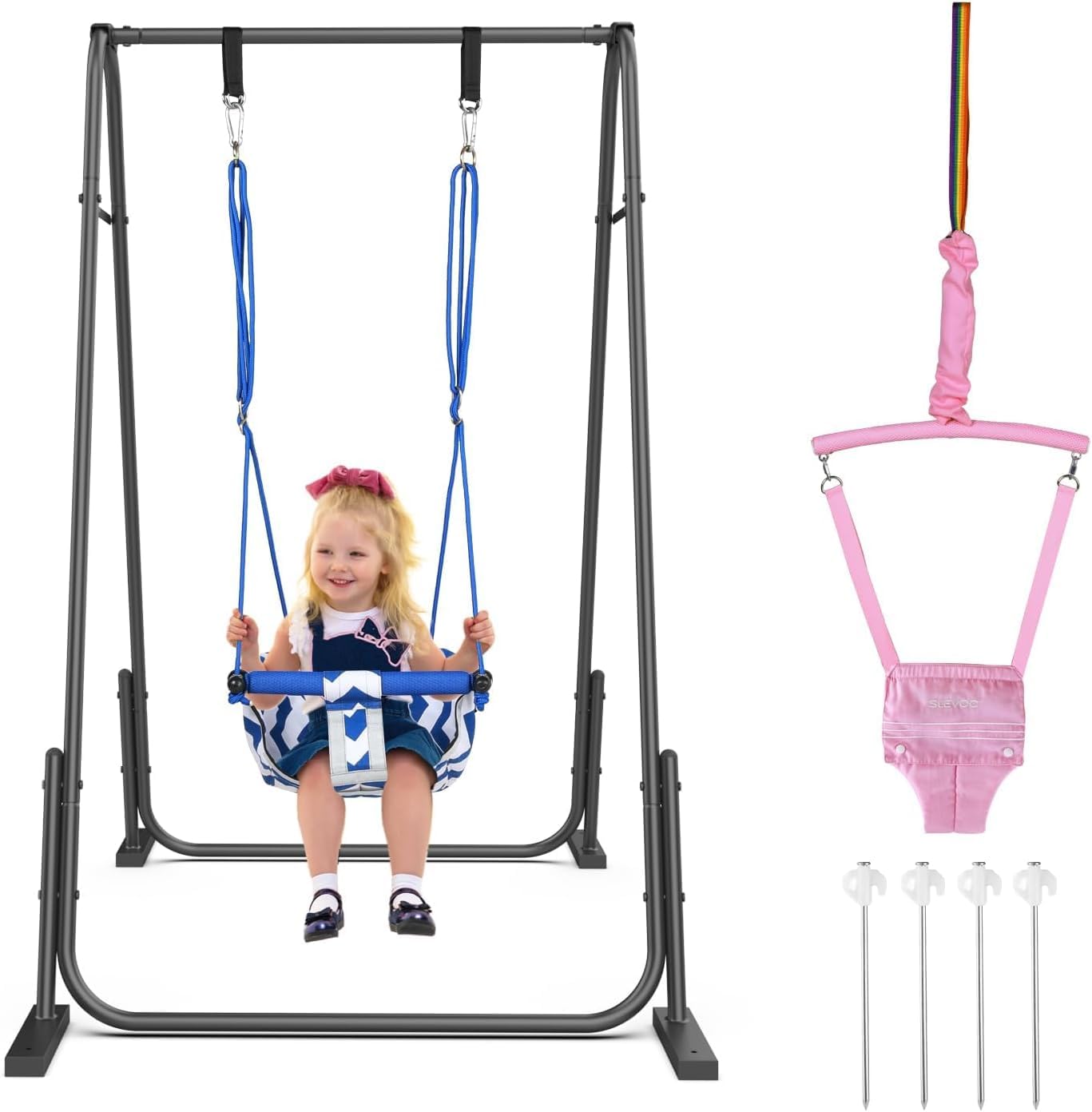 Slevoo 2-in-1 Baby Jumper and Toddler Swing Set with Foldable Metal Frame, Indoor and Outdoor Play for Ages 6 Months to 6 Years, Supports Up to 200 Pounds (Pink) — image 1