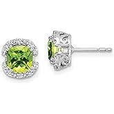 14k White Gold Cushion Cut Peridot Halo Stud Earrings for Women with White Accent Stones, Green Gemstone Studs in Scrollwork Setting, August Birthstone, Fine Jewelry, Elegant Timeless Design