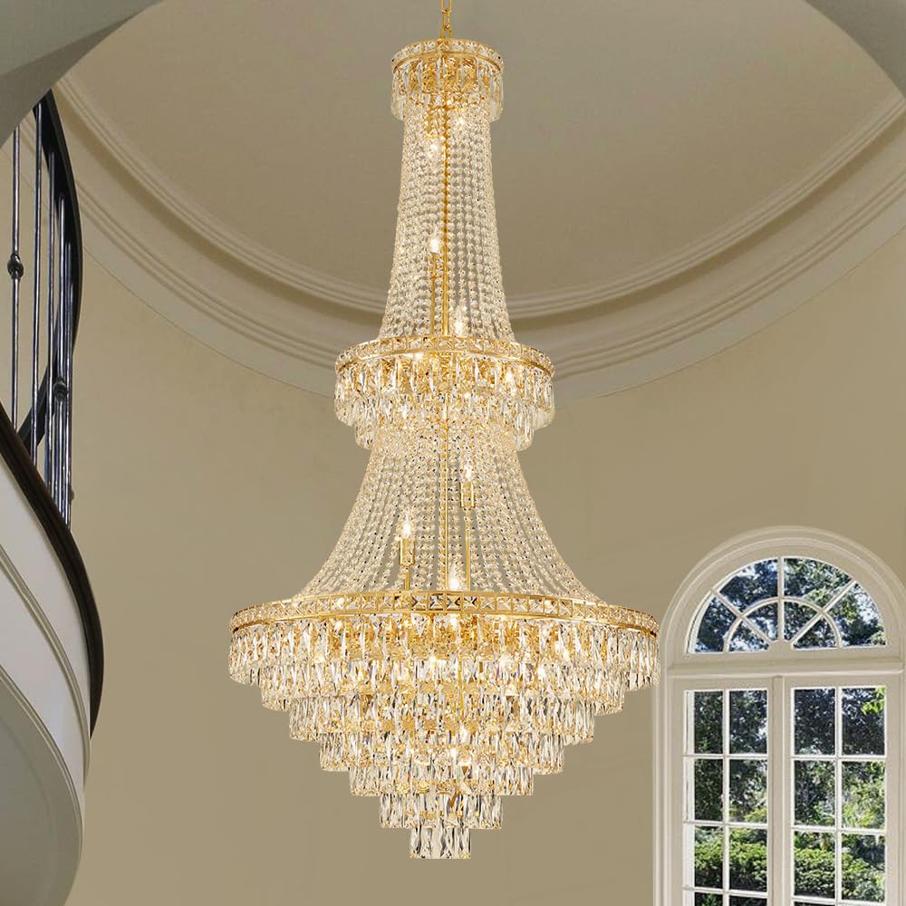 Photo 1 of Sealed DUNFIZZ 26-Light Large High Ceiling Chandelier Gold Modern Crystal Chandeliers Luxury Foyer Chandelier Fixtures for Staircase Villa Lobby Hallway Entryway H63” x W31”