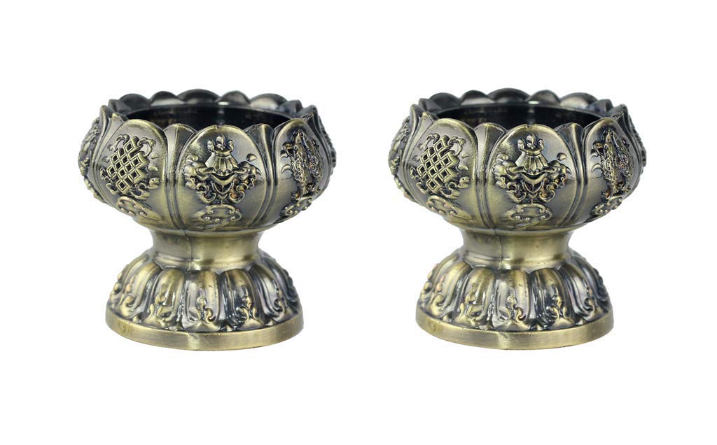 sleeri Lotus Flower Tealight Holder, Buddhist Tealight Candle Holder - Tibetan Buddhist Water Offering Cup, Tibetan Oil Lamp Holder - Bronze, Set of 2