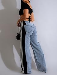 Angsuttc Womens Jeans with Patchwork Stripes High