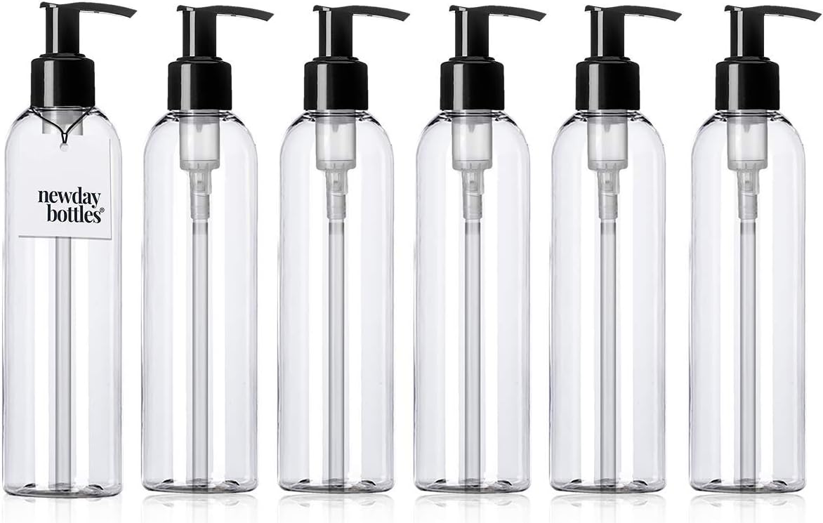 Newday Bottles, Empty Plastic Bottles with Lotion Pump Dispenser BPA-Free Made in USA (6 oz, Lock-up Clear with White Pump Pack of 6)