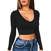 XXTAXN Women's Sexy Bodycon Basic Scoop Neck Long Sleeve Slim Solid Color Crop Top