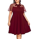 Pinup Fashion Women's Plus Size Contrast Mesh Short Sleeve Bow Tie Neck Cocktail Party Elegant A-Line Dress