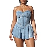 DINGANG Womens Y2K Strapless Denim Mini Dress Off Shoulder Corset Tube Pleated Ruffle Party Jean Dresses