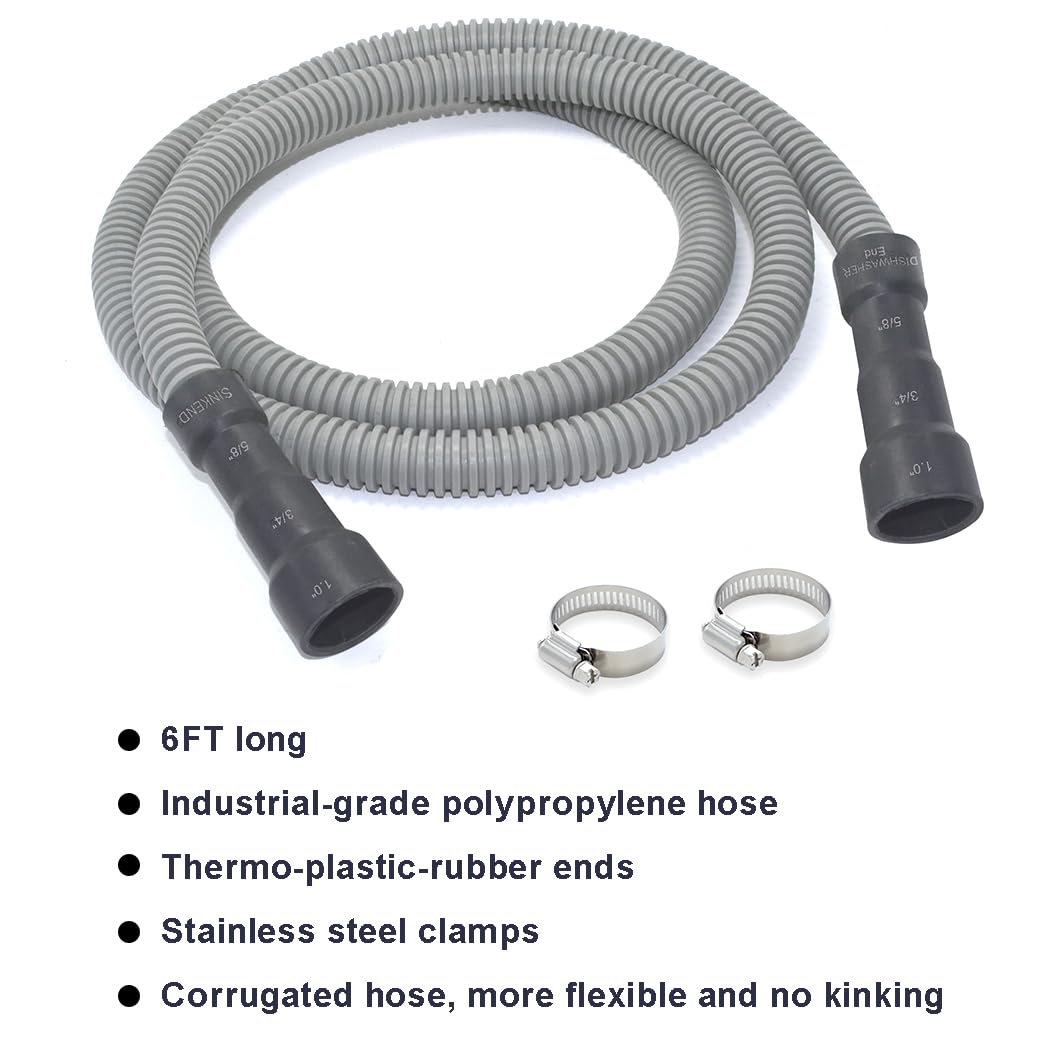 Universal Dishwasher Drain Hose - 6 Ft Discharge Hose - Corrugated and Flexible Dishwasher Hose Drain Replacement with Clamp