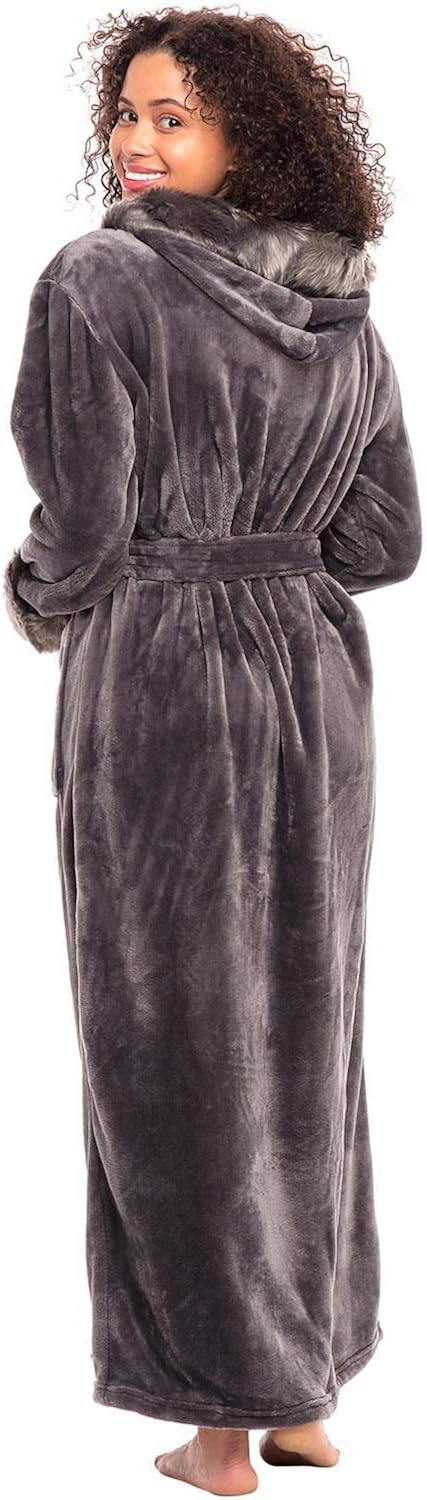 Alexander Del Rossa Women's Warm Fleece Robe with Hood, Long Faux Fur Plush Bathrobe at  Women’s Clothing store