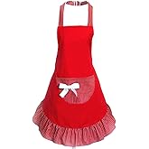 Hyzrz Cute Girls Bowknot Funny Aprons Lady's Kitchen Restaurant Women's Cake Apron with Pocket (Red)