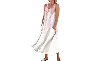 RDEGOOCHA Women's Cotton Linen Maxi Sun Dress Crewneck Sleeveless Tshirt Long Flowy Casual Pocket Cute Printed Tank Dresses