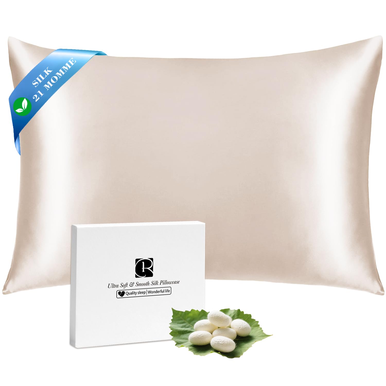 Ravmix Silk Pillowcase for Hair and Skin 21Momme Both Sides Mulberry Silk Pillow Case with Hidden Zipper, 1PCS, Standard 50×75cm, Beige — image 1