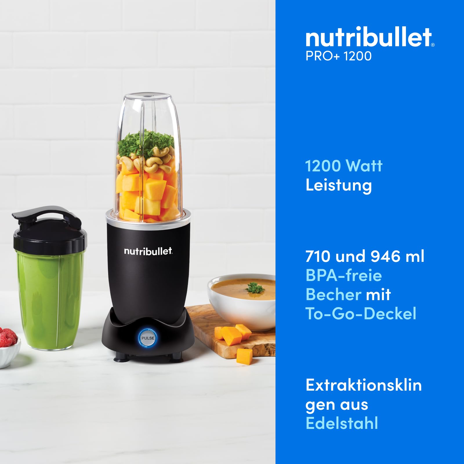 Nutribullet Pro 1200, Elektrischer Mixer, Zerkleinerer, Smoothie Mixer, Multifunktionsmixer, 1200w Leistung, 700ml und 900ml Gläser, schwarz, NB120MB 2