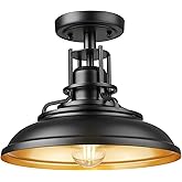 FEMILA Industrial Semi Flush Mount Ceiling Light, Outdoor Flush Mount Porch Light in Matte Black & Gold, 12" Farmhouse Front 