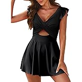 Aleumdr Women's One Piece Swimsuit Ruffle Cutout Swimdress Tummy Control V Neck Wrap Swimwear