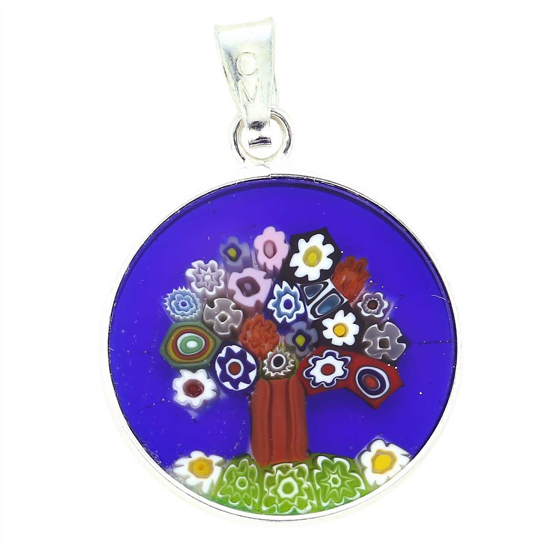 Glass Of Venice Murano Glass Millefiori Pendant Tree of Life in Silver Frame 3/4"