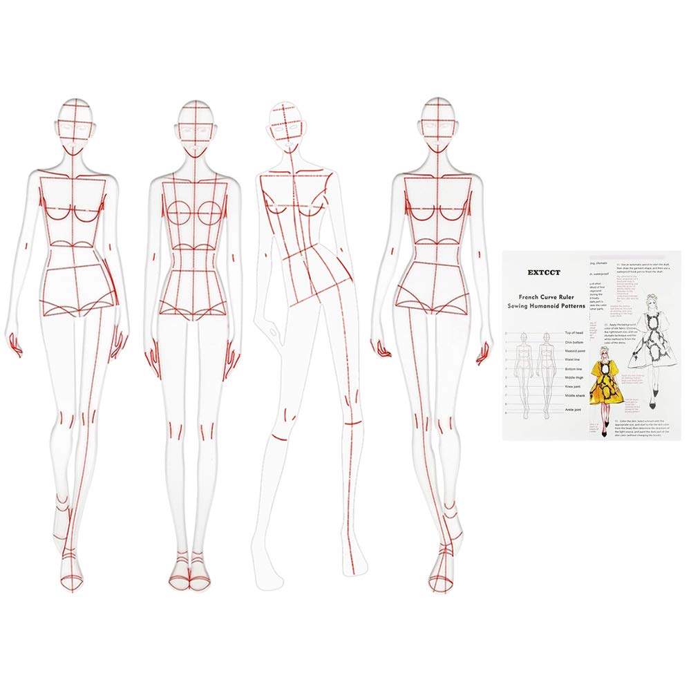 4PCS Fashion Sketching Templates, Fashion Illustration Rulers, Sewing Humanoid Patterns Design, Clothing Measuring French Curve Rulers A4 Pattern Paper Draft Drawings