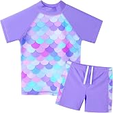 BAOHULU Girls Short Sleeve Swimsuit Two Piece Floral UPF 50+ Rash Guard | For 2-14 Years girls,Quick‑dry,Easy on‑off,Lightweight,Toddler bathing suit,Floral Printed,Breathable