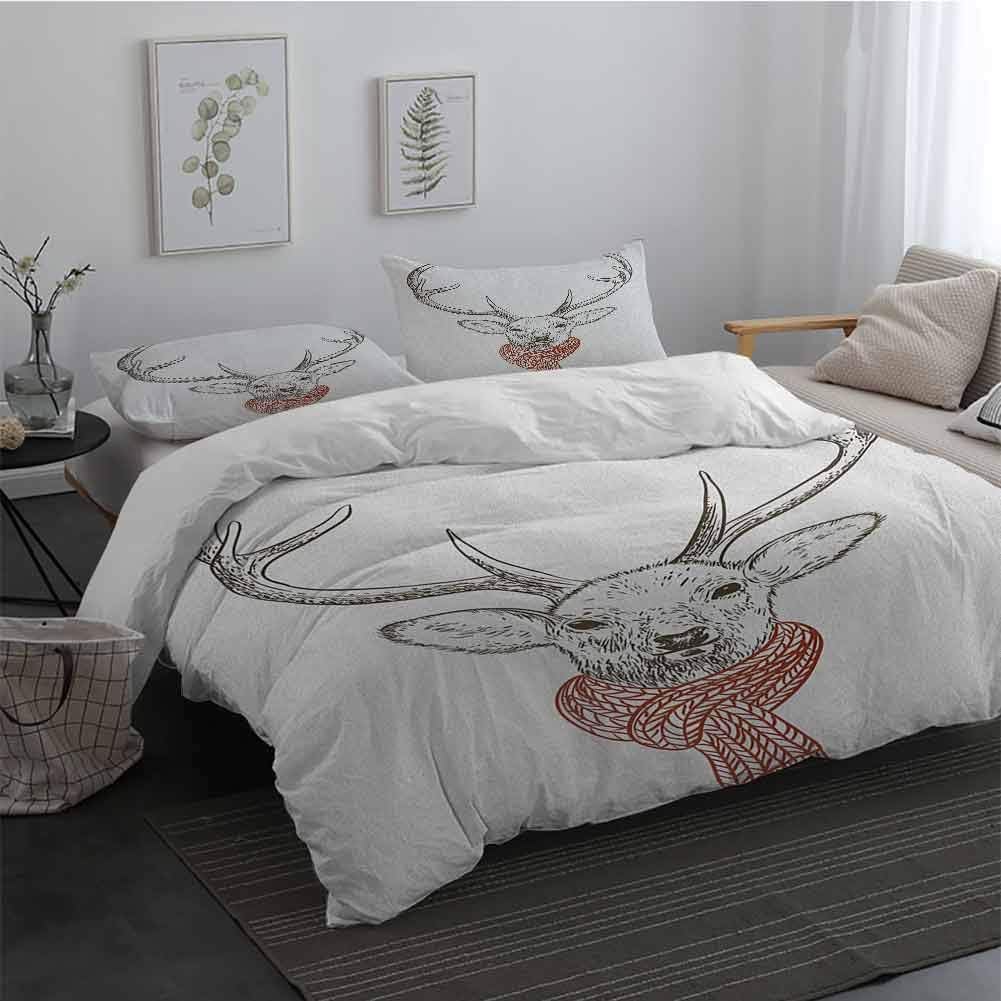 Sheet Set Microfiber Bedding Antlers Illustration of a Deer Wearing Scarf Knitted Neck Wintertime Cold December Easy Fit Extra Soft Redwood Grey White Long Twin