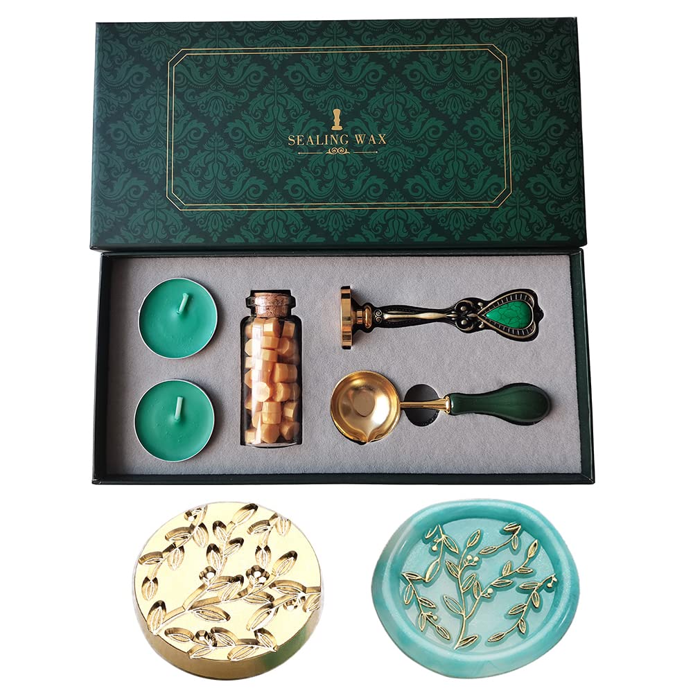 PORXFLY Wax Seal Stamp Set,Vintage Personalized European style Wax Seal Stamp Kit Gift Box Set for Wedding Invitations, Letters,Wine Packages,Cards Envelopes, Gift Wrapping (New buds of Branches)