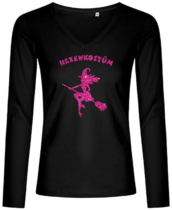 BlingelingShirts Glitzer Shirt Damen Karneval Hexe auf Besen Hexenkostüm