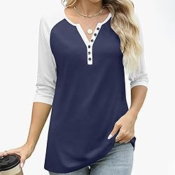 3/4 Length Sleeve Womens Tops Cotton Dressy V Neck