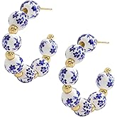 Vintage Ceramic Porcelain Hoop Earrings for Women, Elegant Blue White Enamel Ceramic Pattern Huggie Earring, Hypoallergenic Creative Jewelry Gift Trendy Accessories