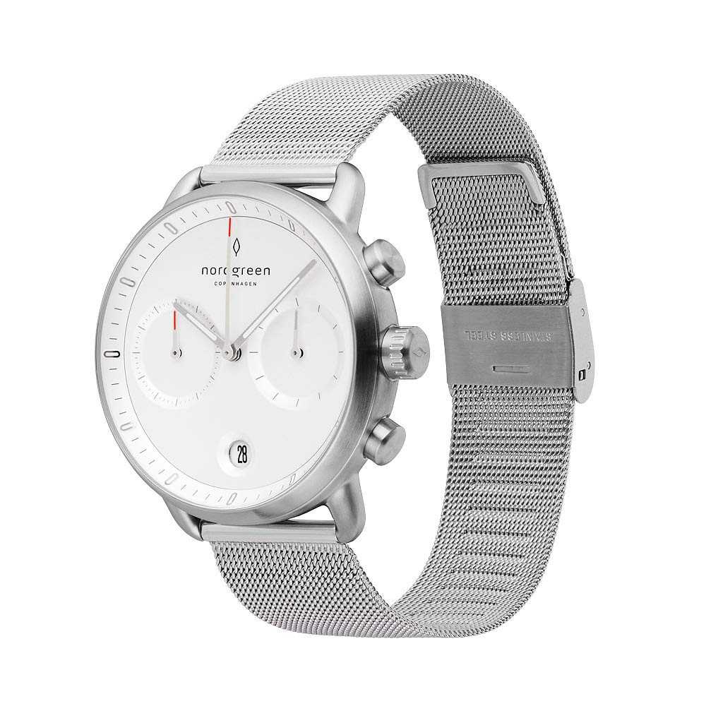Nordgreen Pioneer Men's Chronograph Watch Scandinavian Silver 42mm with White Dial and Silver Mesh Strap โ image 1