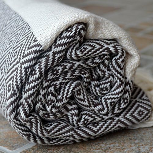Dandelion Diamond Pattern Naturally-Dyed Cotton Turkish Towel Peshtemal, 71x39-Inches, Brown