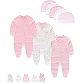 MAMIMAKA Baby Boy Girls Clothes 2-Way Zip Footed Long Sleeve 100% Cotton,Newborn Caps and Scratch Mittens Set 0-6 Months