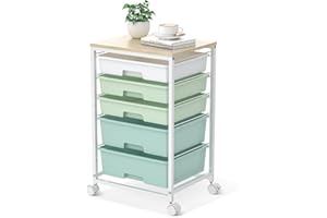 SYKIARIOL Craft cart,Rolling Cart with Drawers,Storage Cart with 5 Drawers and Wooden Tabletop for Under Desk Organizers and Storage,Green