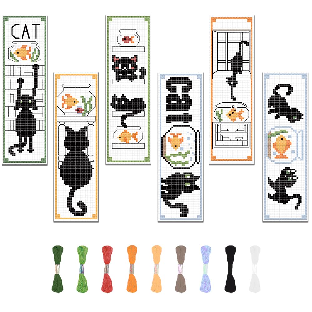 FREEBLOSS 6 Set of Bookmarks Cross Stitch Kits Cartoon Cat Bookmark Cross Stitch Kit with Instructions Embroidery Bookmark Kit for Adults Beginners for Book Lovers Cross Stitch Set 6 x 20 cm