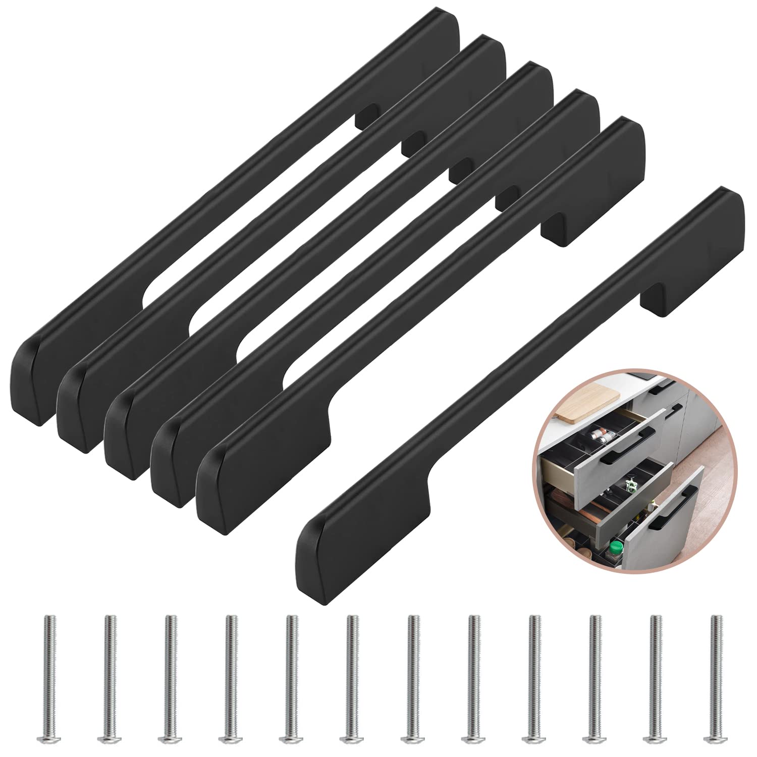 Lxoraziy 6 Pack Kitchen Door Handles, 224mm Hole Centre Flat Black Cabinet Handles, Aluminum Alloy Furniture Drawer Pulls (Screws Included)