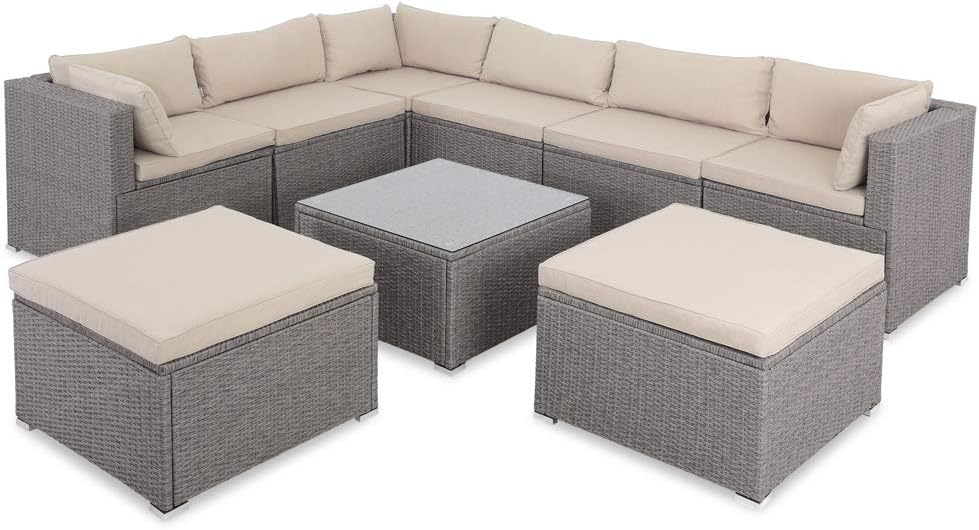 CASARIA Extra Large Rattan L Shape Corner Sofa Set With Table, Stools & Cushions | Includes Dining Table | Garden Furniture | Weatherproof Outdoor Seating Sets | Grey, Beige, Cream