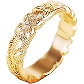 BlingNook Chunky Gold Flower Ring For Women, Trendy 14k Carving Process Engraved Plumeria Stackable Pinky Thumb Rings Wedding Promise Engagement Couples Men Jewelry Gift
