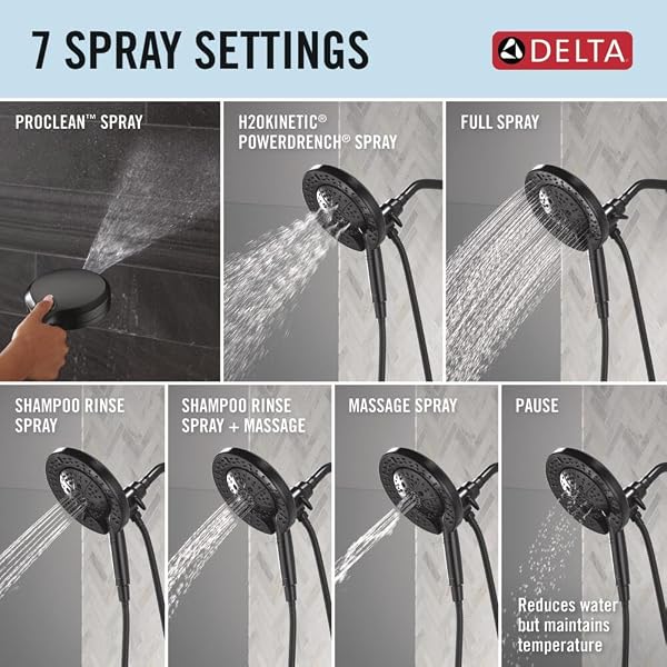 DELTA FAUCET 7-SETTING IN2ITION 2-IN-1 DUAL SHOWER HEAD WITH PROCLEAN SPRAY, MATTE BLACK ROUND WITH HOSE, HAND HELD SHOWER HEAD 2.5 GPM, MATTE BLACK 58651-BL25