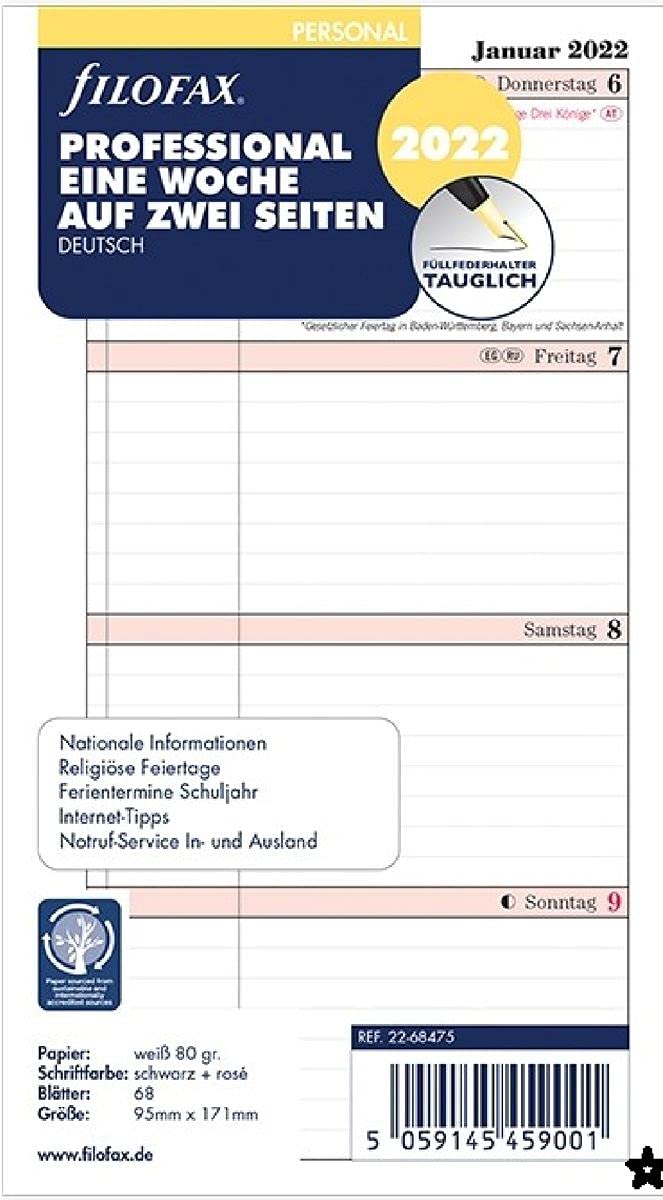 Filofax Personal Prof.1 week on 2 pages (German) 2022, 22-68475