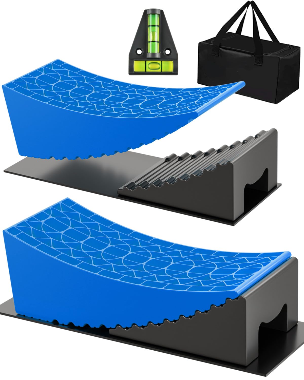 Photo 1 of RV Leveling Blocks Ramp Kit, 2 Packs Camper Leveler System for Travel with Two Chocks, 2 Anti-Slip Mats, 1T Bubble Level and Carry Bag, Up to 35000 LBS, Easier & Faster to Level Camper-Blue-A