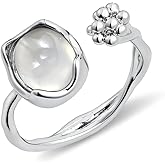 Zikichiky Oval White Jade Silver Open Ring Boho Unique Natural Stone Handmade Adjustable Ring for Women