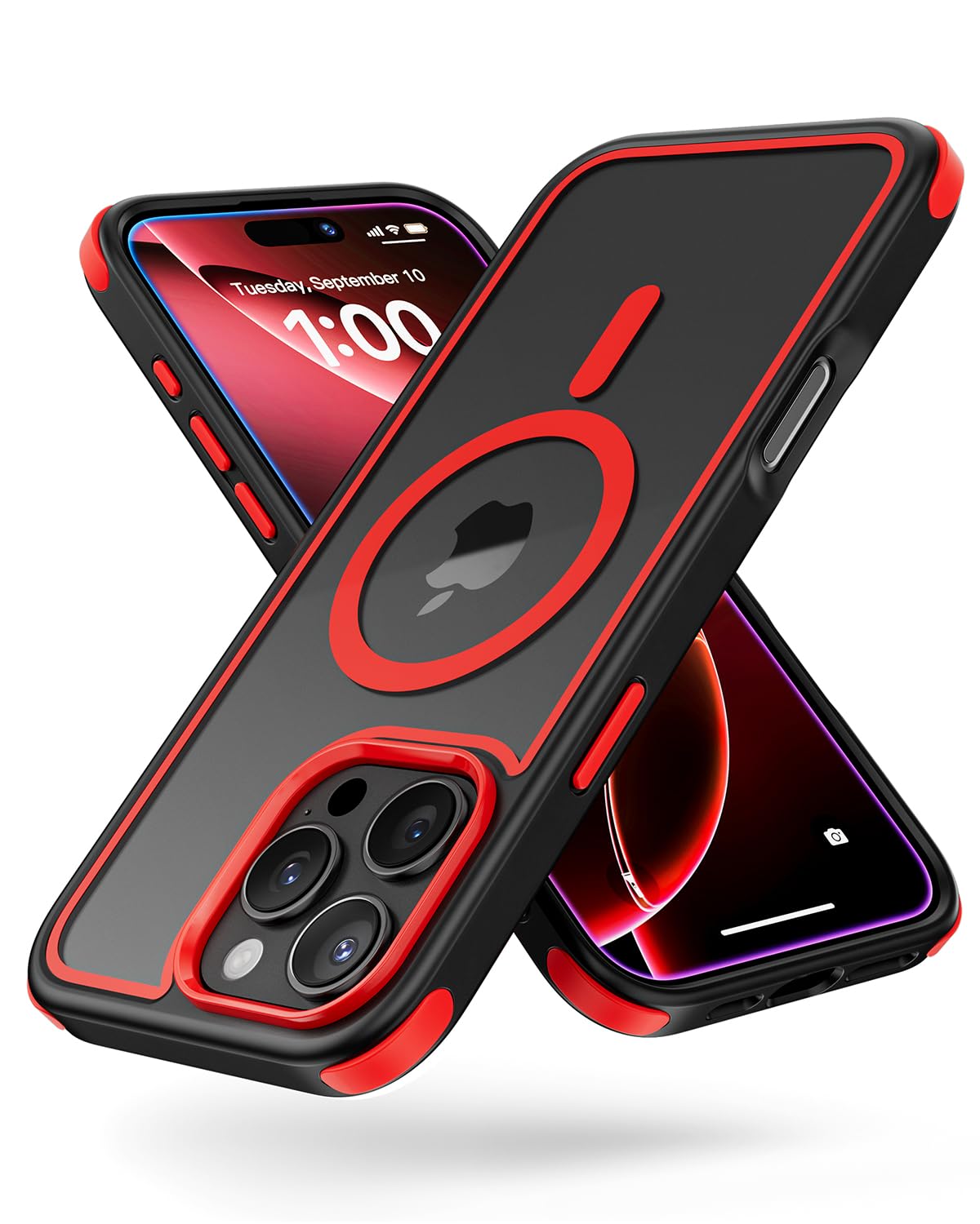 Mobnano for iPhone 16 Pro Max Case, Compatible with MagSafe, Crystal Clear Case with Magnetic Ring, Multicolor Protective Shockproof Bumpers, Not Yellowing Slim Cover for Men Women - Black/Red