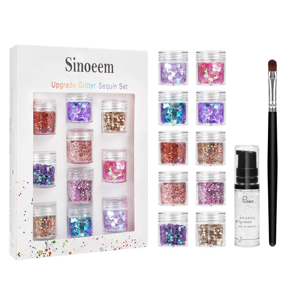 Sinoeem 10 Face Glitter Cosmetic Reflective Chunky Cosmetic Glitter for Face Body and Hair(Includes Long Lasting Fix Gel and brush) Festival and Party Beauty Makeup (10 Color)
