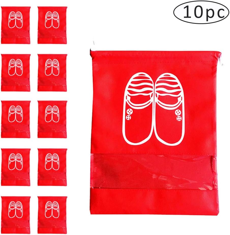 Faitolagi 10Pcs Portable Travel Shoes Storage Bags with Drawstring Dust-Proof Window Shoes Bags for Women and Men (Red)
