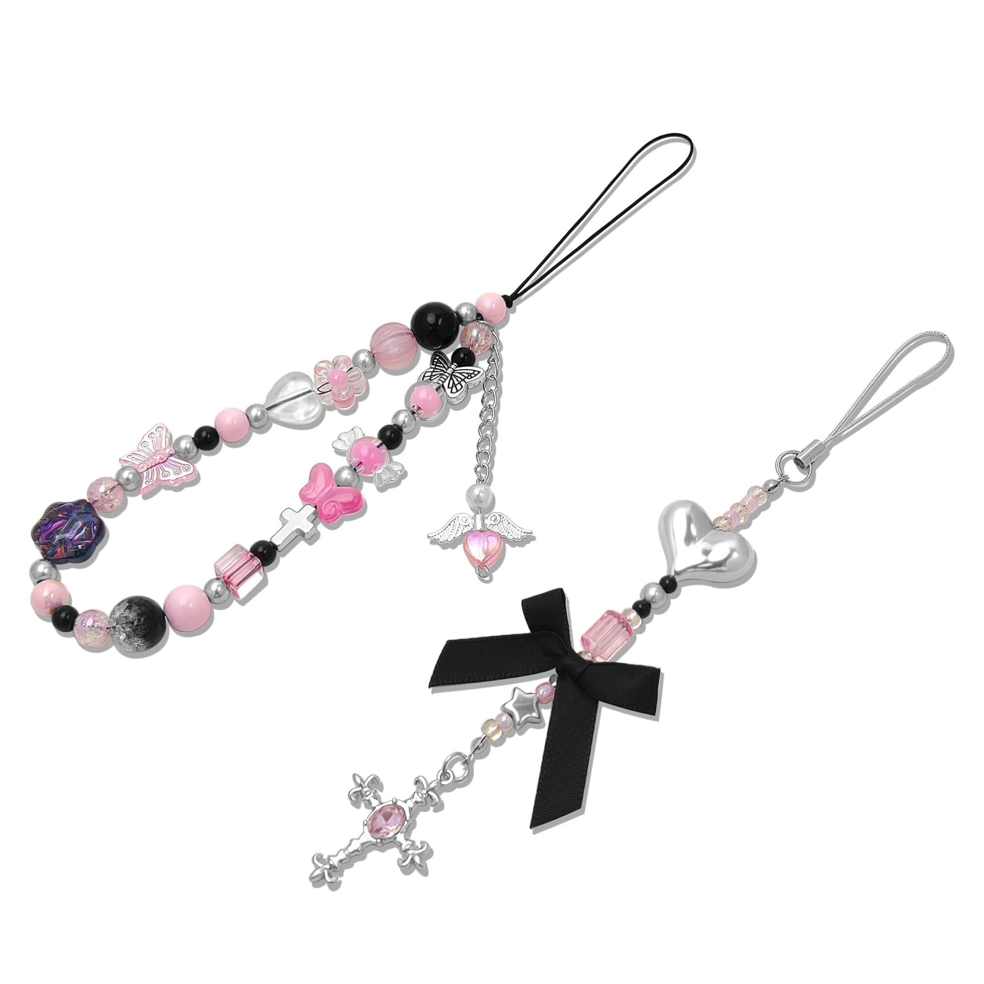 2 Pack Phone Charms, Cute Aesthetic Beaded PhoneCharm Strap Phone Lanyard String PhoneChain Accessories for Bag Keychain Airpods Camera Pendants (Pink & Black)